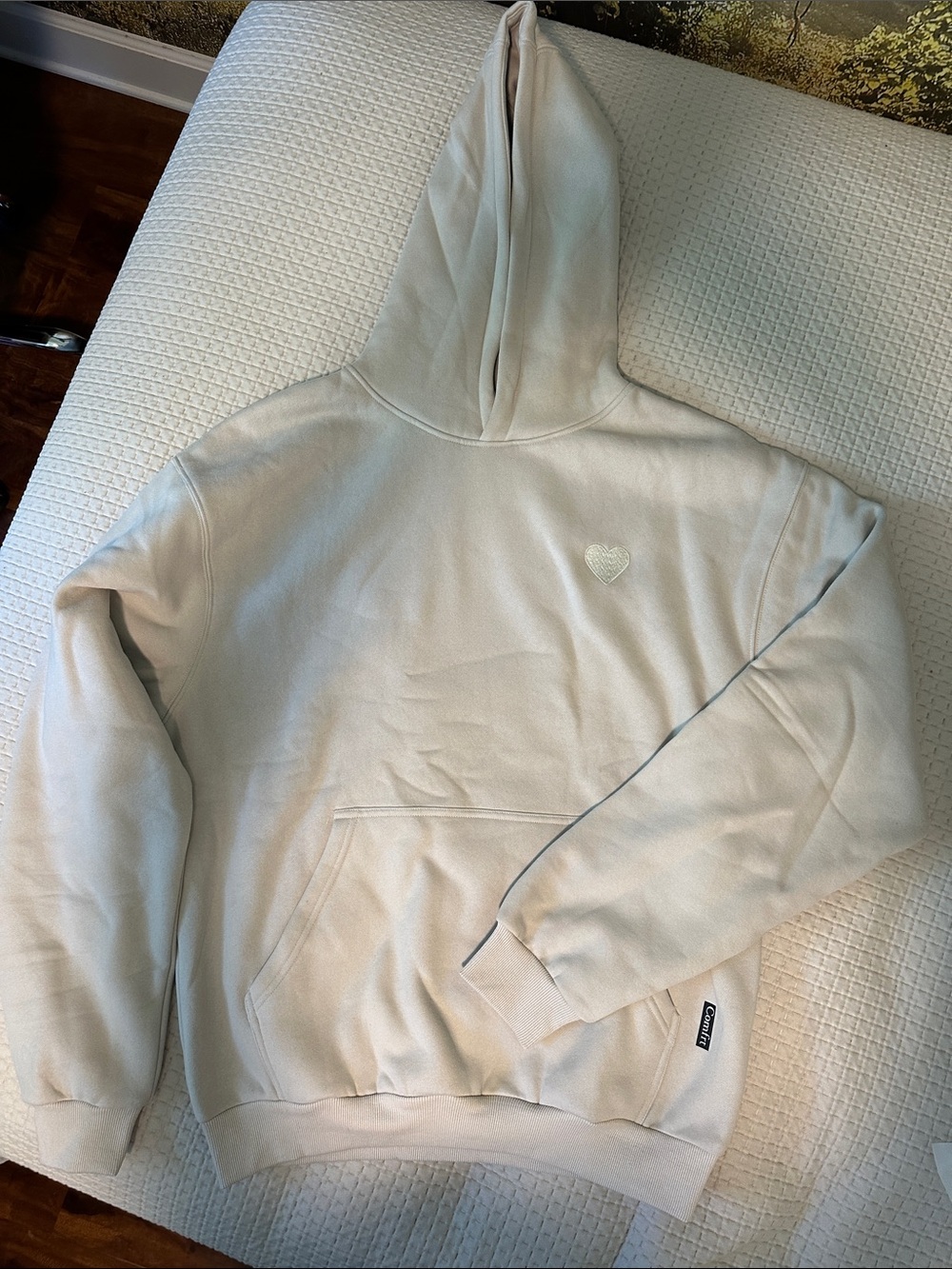 Comfrt tan love Hoodie with Heart Patch. Oversized